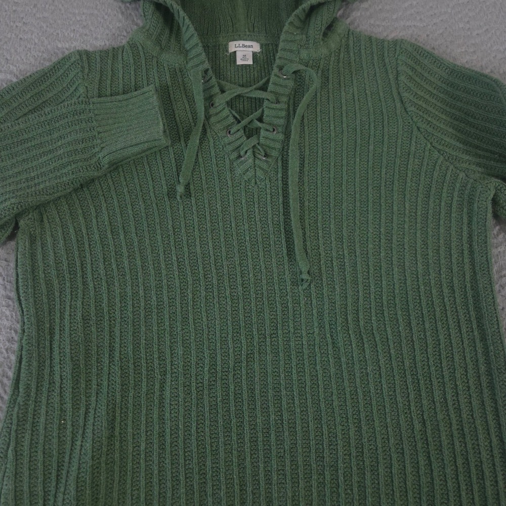 L.L. Bean Sweater Women M Green Lace‎ Up Hooded 100% Cotton Ribbed Knit Pullover